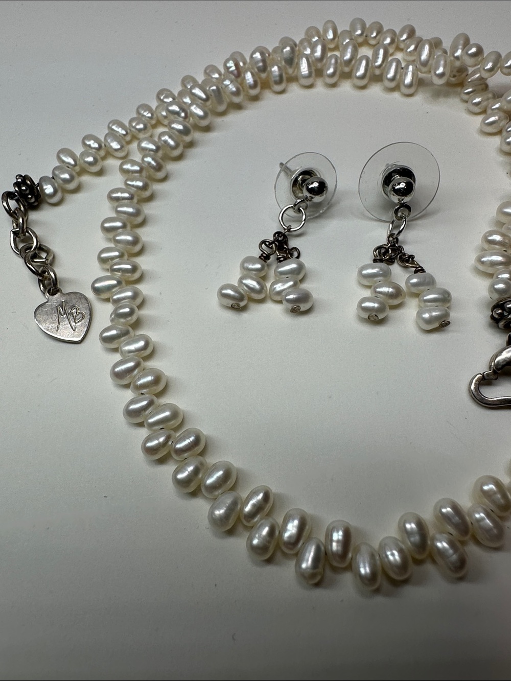 Genuine Pearl Necklace Earrings Set Sterling Silver 925 Signed MB Jewelry Design - Picture 11 of 15